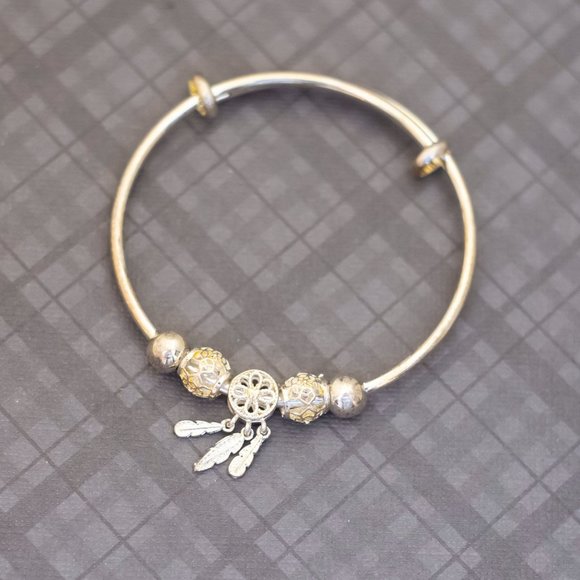 7 inch, Vintage Floral Circles Sterling Silver Charm Bangle - G46 - Picture 1 of 3